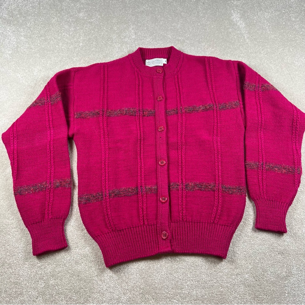 Vintage Pendleton Sweater Cardigan Wool Fuchsia Button Up Crew Neck USA Womens M